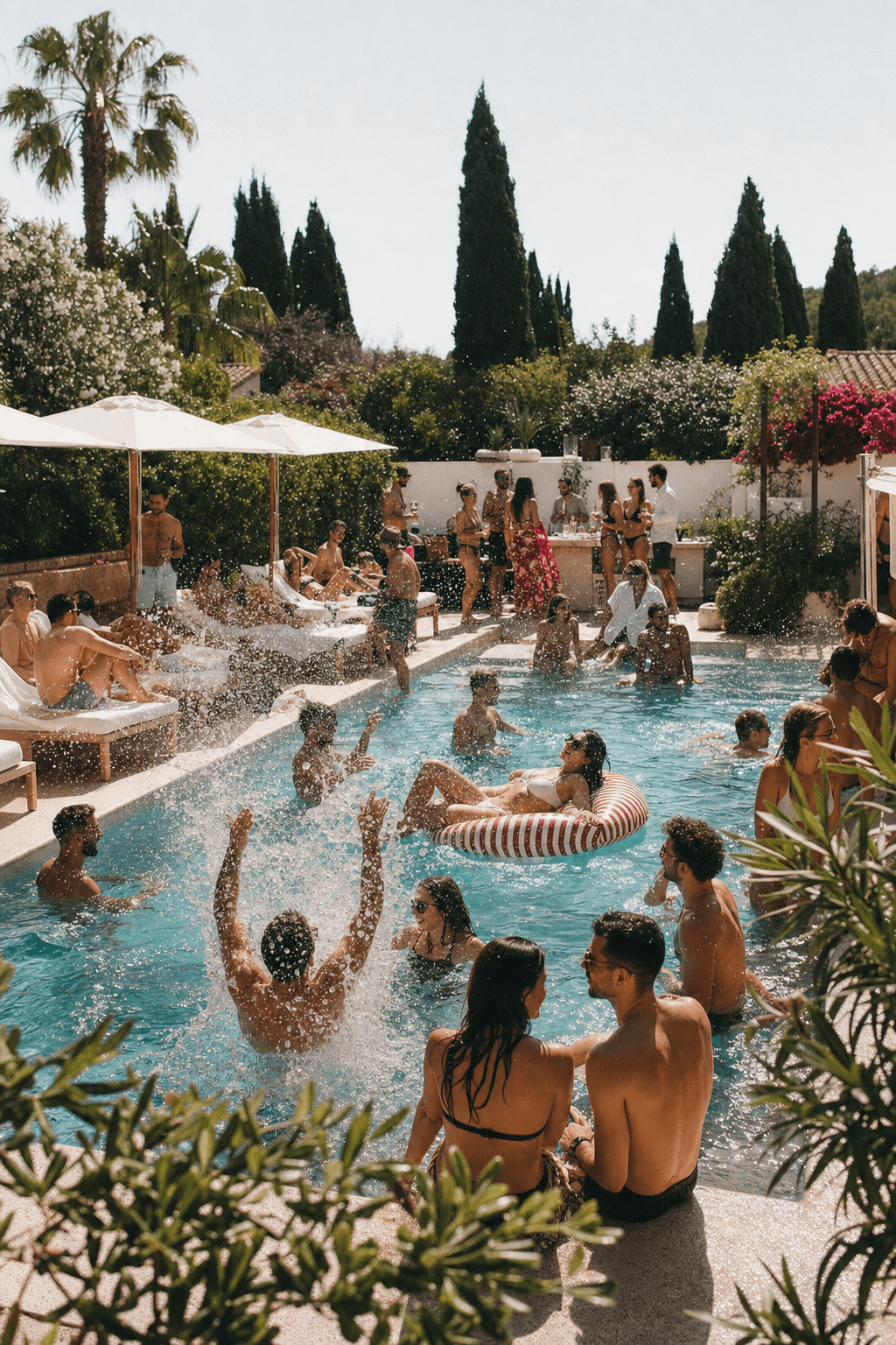 Friends celebrating at a villa pool party.