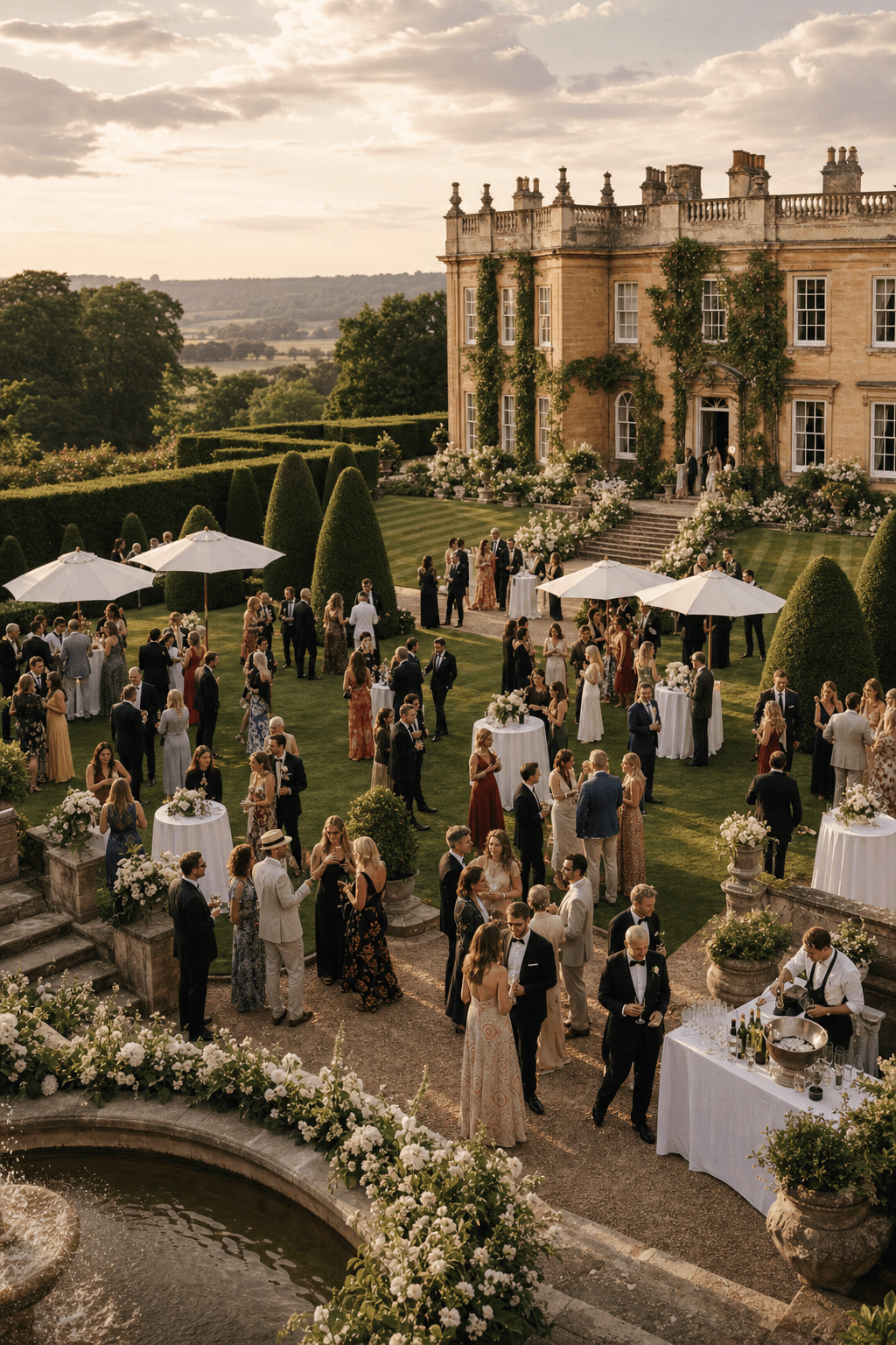 Golden-hour wedding reception on a country-house lawn.