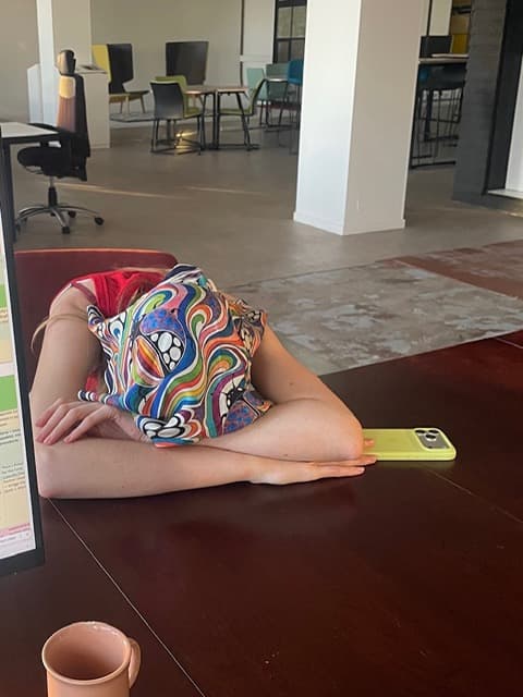 Asleep at a desk under a Darcy scarf