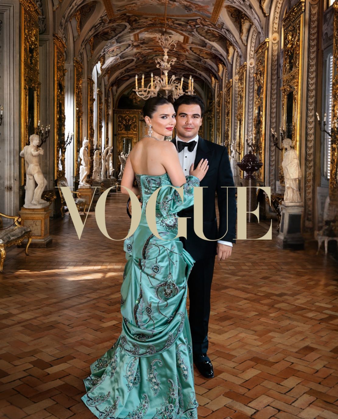 Vogue-featured wedding planned by the Darcy team: couple in an ornate palace gallery
